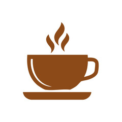 Hot beverage in cup with saucer and steam rising, minimalist brown vector illustration