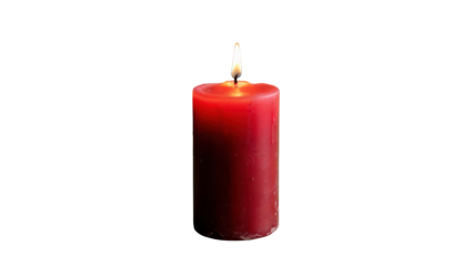 A single tall red pillar candle with a lit flame burning brightly isolated on transparent background