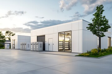 Naklejka premium Modern Industrial Building Exterior with Storage Units and Green Landscape at Sunset