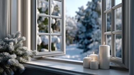 A warm and inviting winter atmosphere with glowing candles, decorative elements, and a scenic cabin view in the background