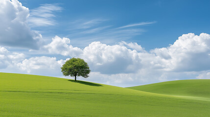 A minimalist and vibrant landscape image with single, tall, slender cypress  ,idealized  of nature,rolling, meticulously manicured green hills.