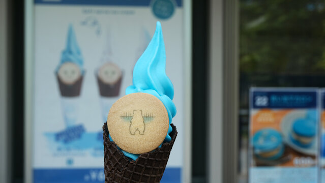 the Blue Pond ice cream is a vibrant, blue-colored soft-serve found at the Aoi Ike shop near Hokkaido's Shirogane Blue Pond, inspired by the pond's natural azure hue. ramune or japanese soda ice cream