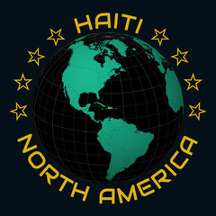Obraz premium Republic of Haiti on Globe. Round country and continent name text. Country view on world map in Black Emerald color palette. Haiti shape on map. Elegant vector illustration.