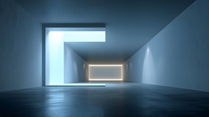 clean minimalist exhibition space with spotlight and wide floor, 3d visualization,