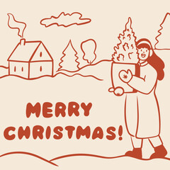 Christmas girl with Christmas tree doodle postcard illustration, holiday home background, festive winter art
