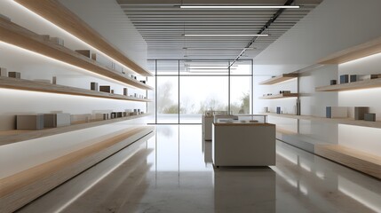 minimal showroom with spotlighted shelves and open floor space, 3d render,