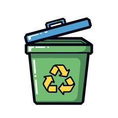 Green recycling bin with open lid and recycling symbol.