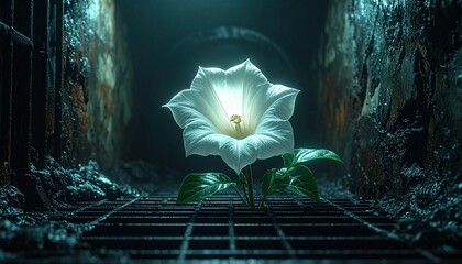A Luminous White Flower Blooms in a Dark, Grungy Environment.