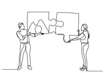 continuous line drawing of a businessman and businesswoman connecting two puzzle pieces.The concept teamwork,collaboration,problem-solving,and the synergy of a successful partnership.