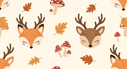 Fototapeta premium Cute fox and deer faces with autumn leaves and mushrooms.