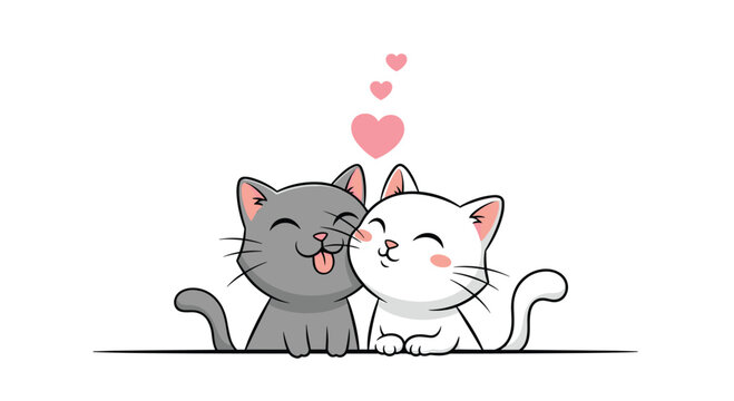 Two adorable cartoon cats showing affection with hearts above their heads.