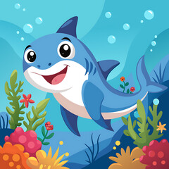 Happy Little Shark Exploring the Bright and Colorful Coral Reef Scene, Ai Generated