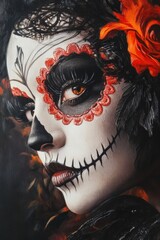 Close-up portrait of woman with traditional Dia de los Muertos sugar skull makeup in black and red, dramatic face paint, lace details, orange flower, Halloween. Mexican Day of Dead celebration concept