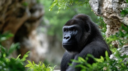 Obraz premium A large black gorilla is sitting in a lush green forest
