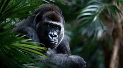 Obraz premium A large gorilla is sitting in the shade of a tree