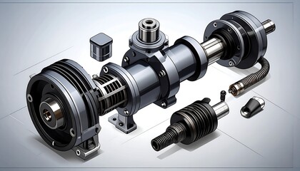 Technical drawing of a complex machine component, showing exploded isometric view of its various parts