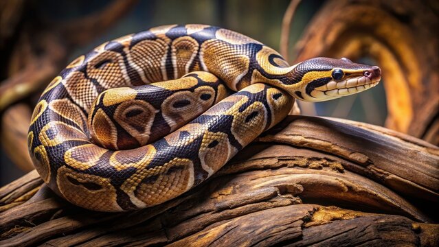 Ball python snake coiled on curved branch branch trunk tree bark