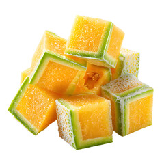 Melon cubes arranged, white isolated background