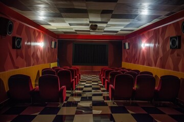 Red velvet seats in an empty vintage cinema with checkered floor and walls, ready for a movie screening