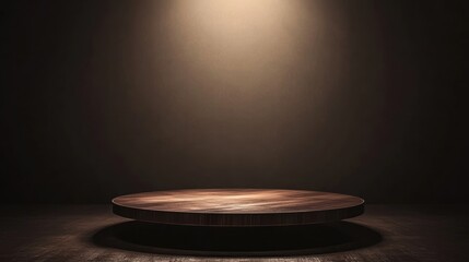 Wooden round podium, spotlight, dark background, product display, empty space, studio
