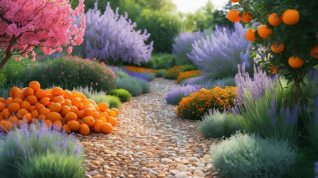 Serene Summer Garden Landscape with Radiant Orange and Lavender Blossoms Along a Vibrant Pebble Walkway