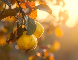 Two yellow quince fruits hang on a branch with autumn leaves in warm sunlight