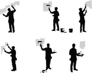 Painter, wall painting, renovation, home improvement, silhouette, black, illustration, brush, roller, bucket, tray, DIY, worker, posture, action, tool, technique, paint job, interior, 