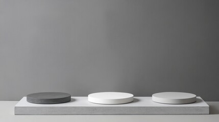 Abstract product display, three neutral color podiums on gray background, minimalist backdrop for presentation