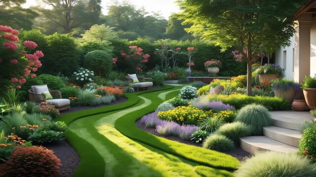 Lush Summer Garden Design with Winding Grass Lawn, Abundant Plants, and Ornamental Features