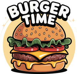 Classic Hamburger Vector Illustration with 'BURGER TIME' Text: Fast Food, Mealtime, and Restaurant Graphic Design Element
