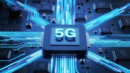 Closeup of a 5g microchip on a circuit board, showcasing the technology behind highspeed connectivity - Powered by Adobe