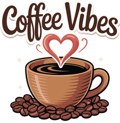 Warm Coffee Mug Vector Illustration with 'Coffee Vibes' Text: Cozy Drink, Cafe Culture, and Morning Routine Graphic