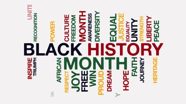 Black History Month concept Animated Tag Word Cloud kinetic typography, Text Design Animation typography seamless loop video motion graphics Intro,  Word Art Looping Text effects green red yellow blac