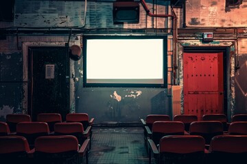 Rows of red seats facing a blank projection screen in an empty vintage movie theater