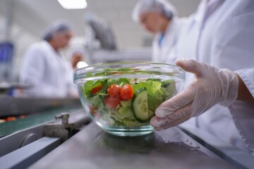 Fresh salad bowl on a processing line with gloved hands near glass bowl
