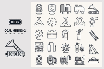 Collection of Industrial Coal Mining Equipment and Tools Icons for Design Projects White Background.