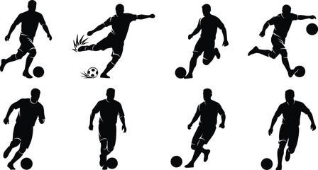Soccer player silhouette set, football action, kicking, dribbling, running pose, ball control, black vector, sports icon, athletic motion