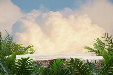 Wood table top podium with green leaves warm white clouds on blue sky nature forest background.Product present natural placement pedestal display,paradise dreamy concept.