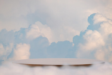 Wooden table top podium with blue sky white cloud background.Beauty cosmetic product placement pedestal modern stand display,surreal paradise dreamy concept.