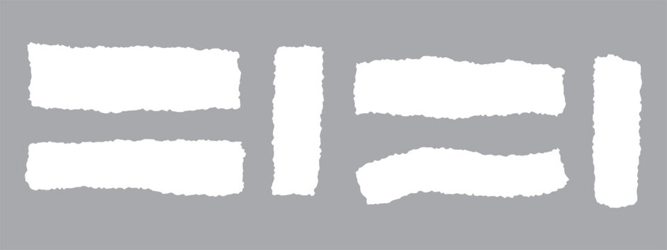 Ripped paper sheet. Black torn paper pieces. Collage blank, sharped torned notebook effect. Strip texture edge. Decorative note rough, jagged rips tape for text. Vector set