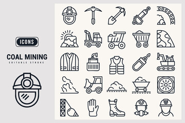 Collection of Vector Line Art Icons Representing the Coal Mining Industry and Operations White Background.
