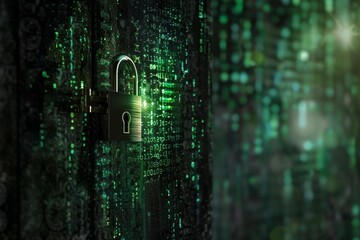 Closed padlock securing glowing green data stream on dark background, representing cybersecurity and data protection