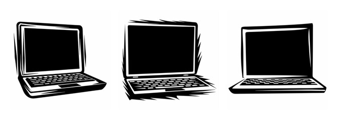 Three sketch style laptops open and ready for use various angles digital devices represented