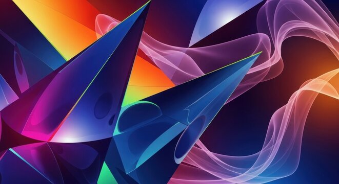 A vibrant, abstract digital artwork featuring a mix of geometric shapes and colorful, flowing lines on a dark background.