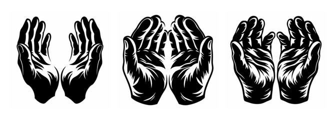Three artistic black and white images of open cupped hands in various poses