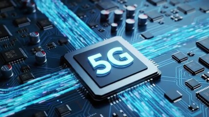 Detailed view of a 5g microchip on a circuit board, highlighting the intricate design and advanced technology - Powered by Adobe