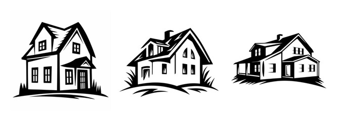 Hand drawn sketchy outlines of three charming houses buildings architectural designs
