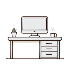 Desk with Computer, Cup of Hot Drink, and Pen Holder Vector Illustration Office Workstation Outline