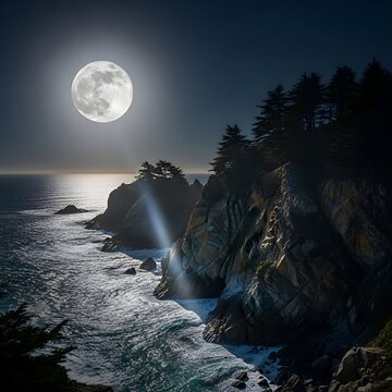 Moonlit Ocean Cliffs - A Serene Nightscape.