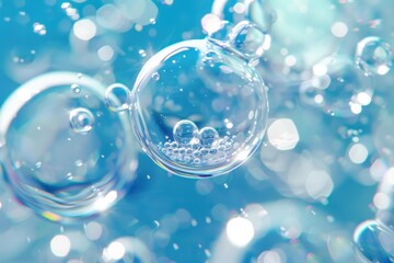 Soap bubbles floating and reflecting light on a blue background, creating a beautiful and abstract image